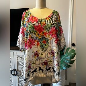 Johnny Was 100% Silk Short Sleeve Tunic Top Tropical Floral Zebras & Horses Sz L